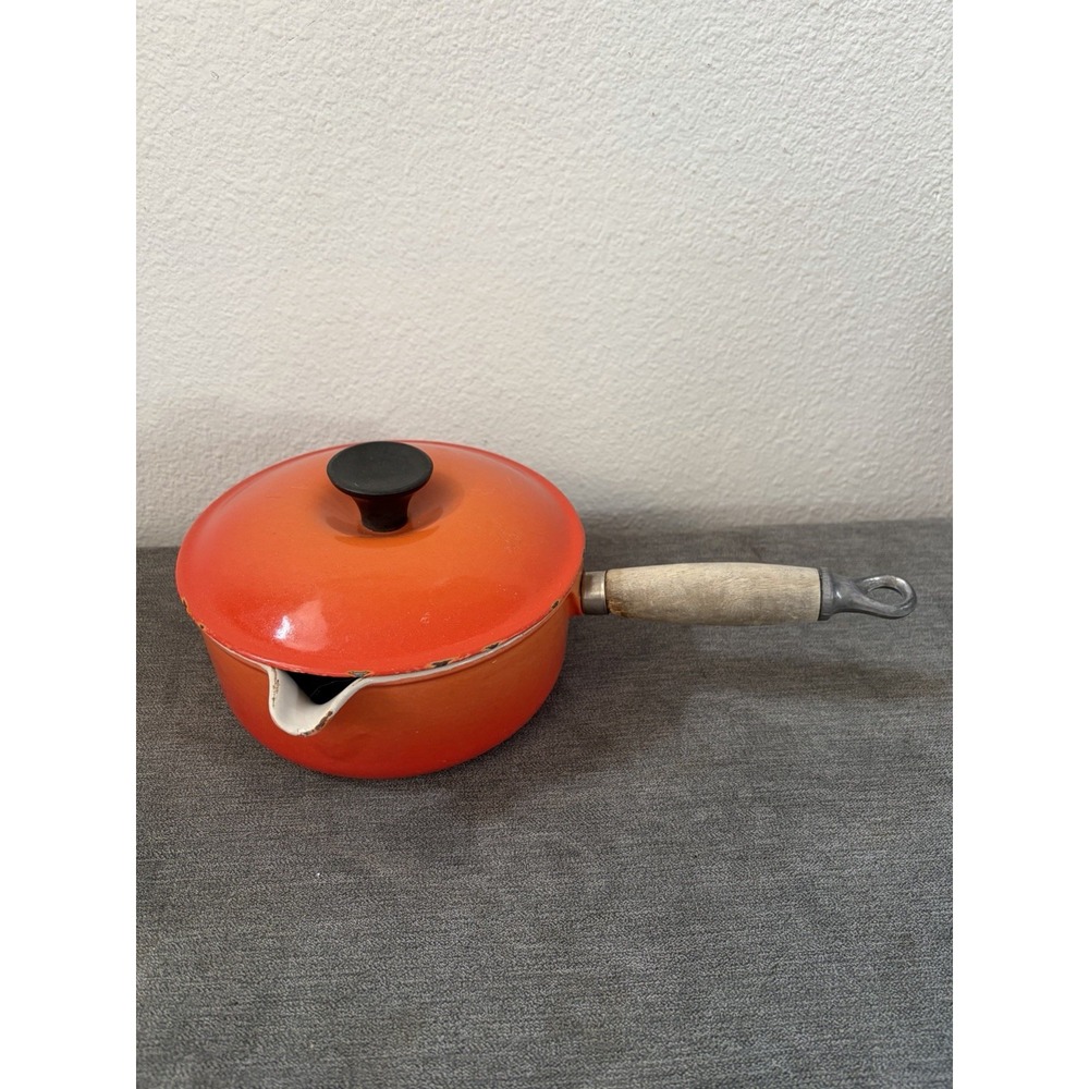 Vintage Le Creuset Castoflon #18 Saucepan with Lid Teck Wood Handle Flame Orange